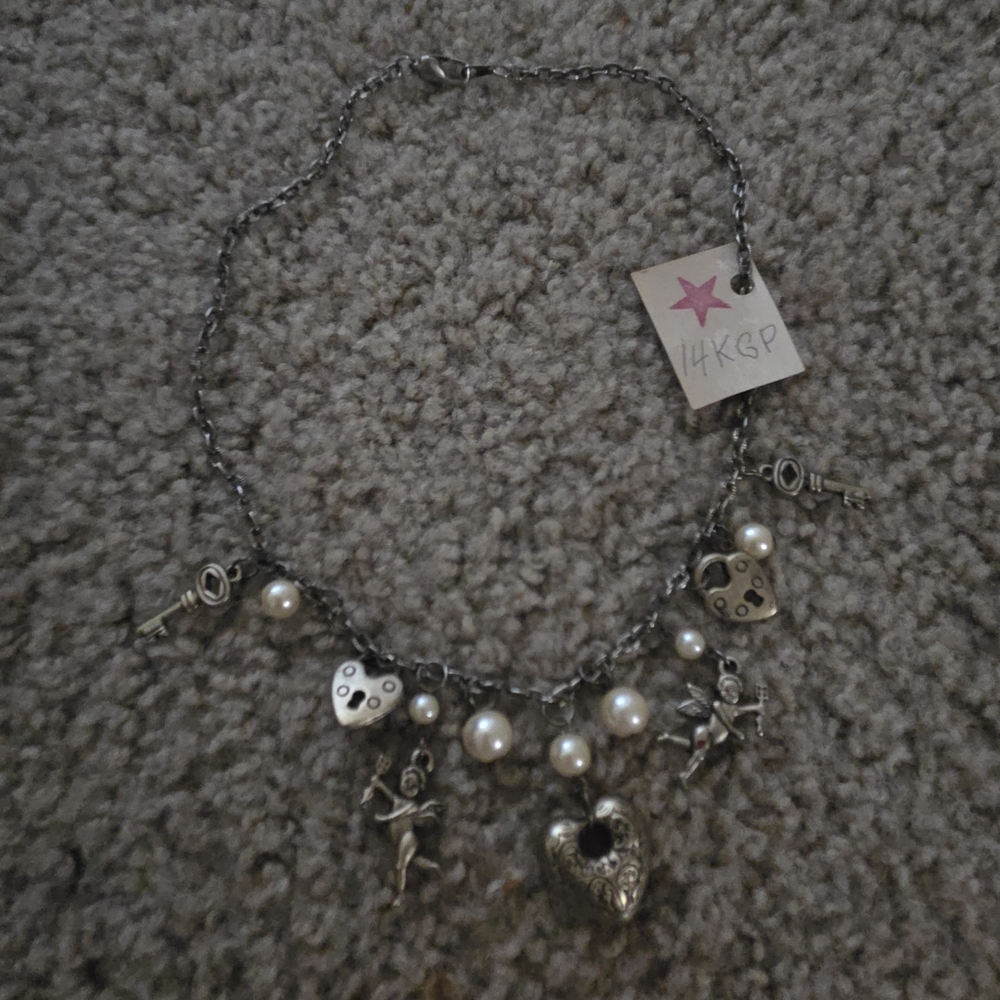 Silver Charm Necklace with Heart and Key Accents